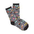 A pair of gray crew socks with colorful sushi illustrations.  The socks have black cuffs and feature different types of sushi like maki and nigiri.