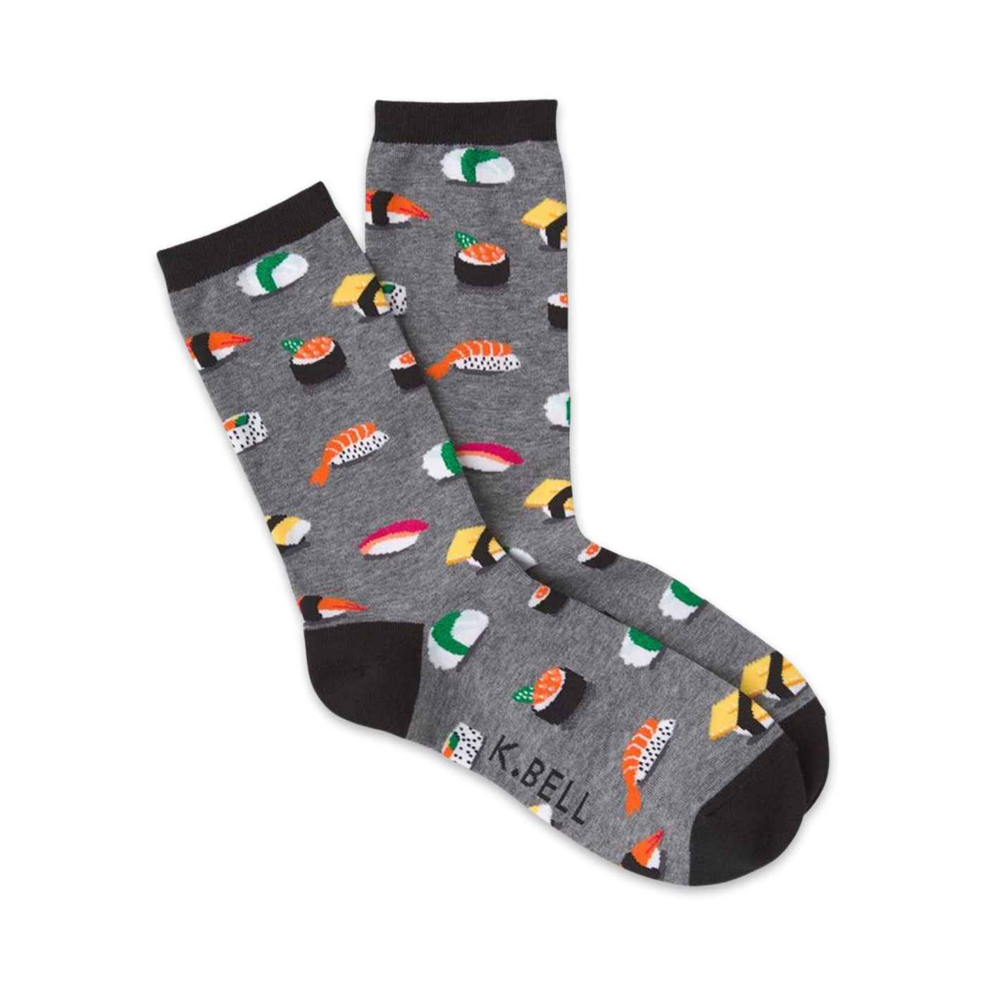 A pair of gray crew socks with colorful sushi illustrations.  The socks have black cuffs and feature different types of sushi like maki and nigiri.