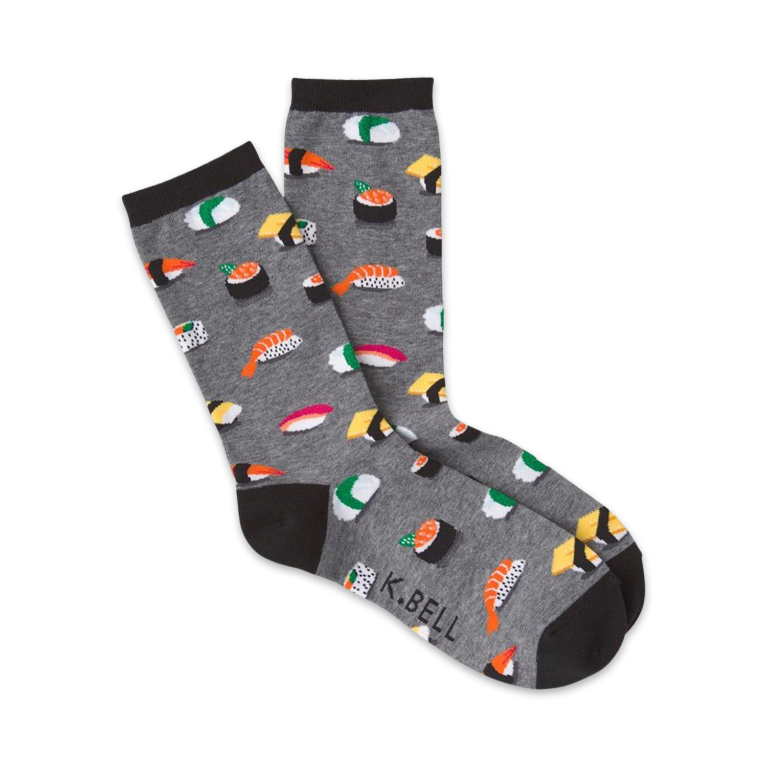 A pair of gray crew socks with colorful sushi illustrations.  The socks have black cuffs and feature different types of sushi like maki and nigiri.