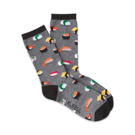 gray crew socks with sushi nigiri, maki, and sashimi pattern, black toe and heel.  