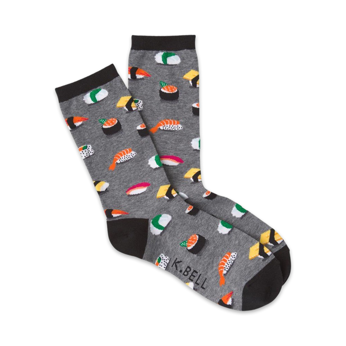 gray crew socks with sushi nigiri, maki, and sashimi pattern, black toe and heel.   }}