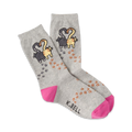 Pair of grey crew socks with pink heels and toes. Design features two cats forming a heart shape and scattered paw prints.