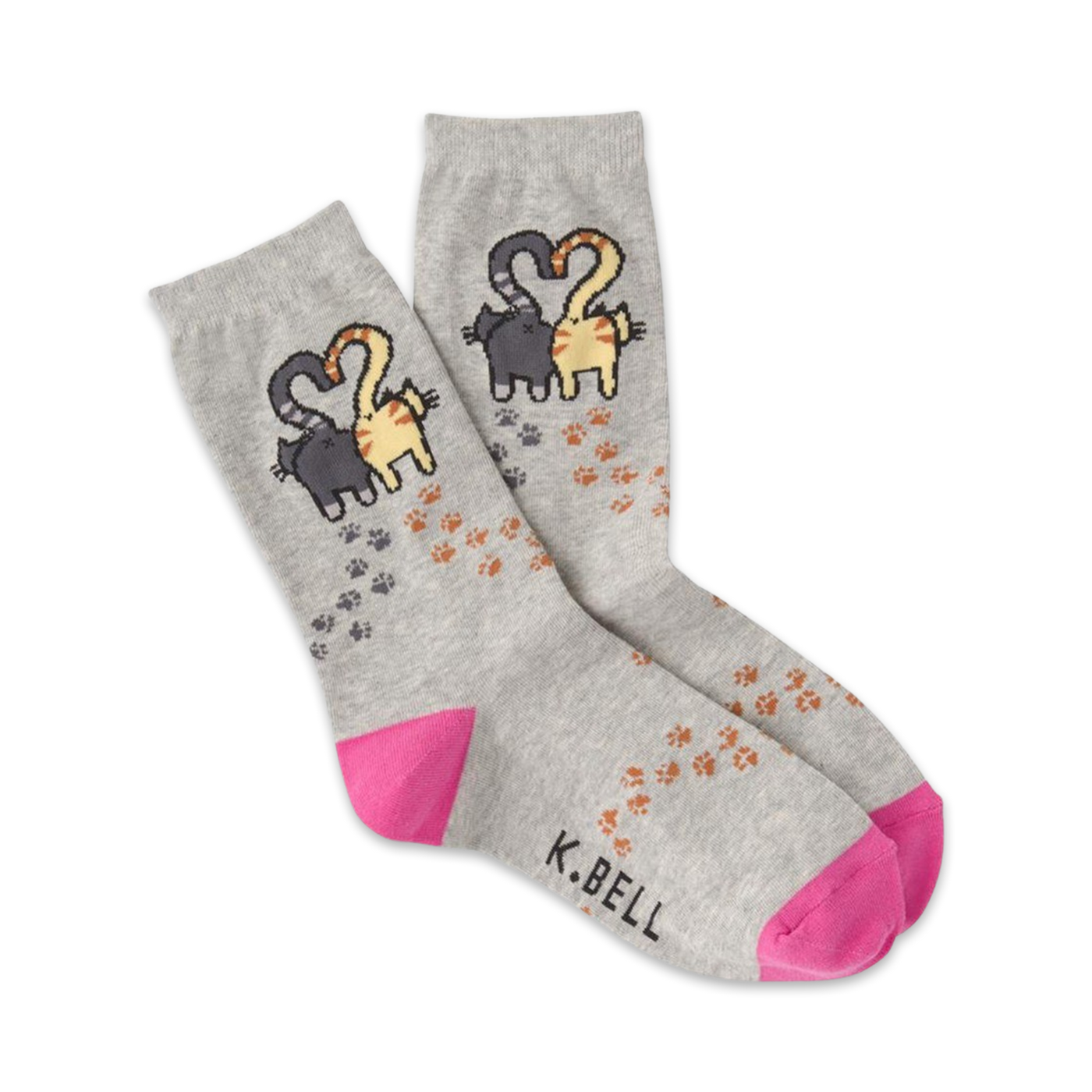 Pair of grey crew socks with pink heels and toes. Design features two cats forming a heart shape and scattered paw prints.