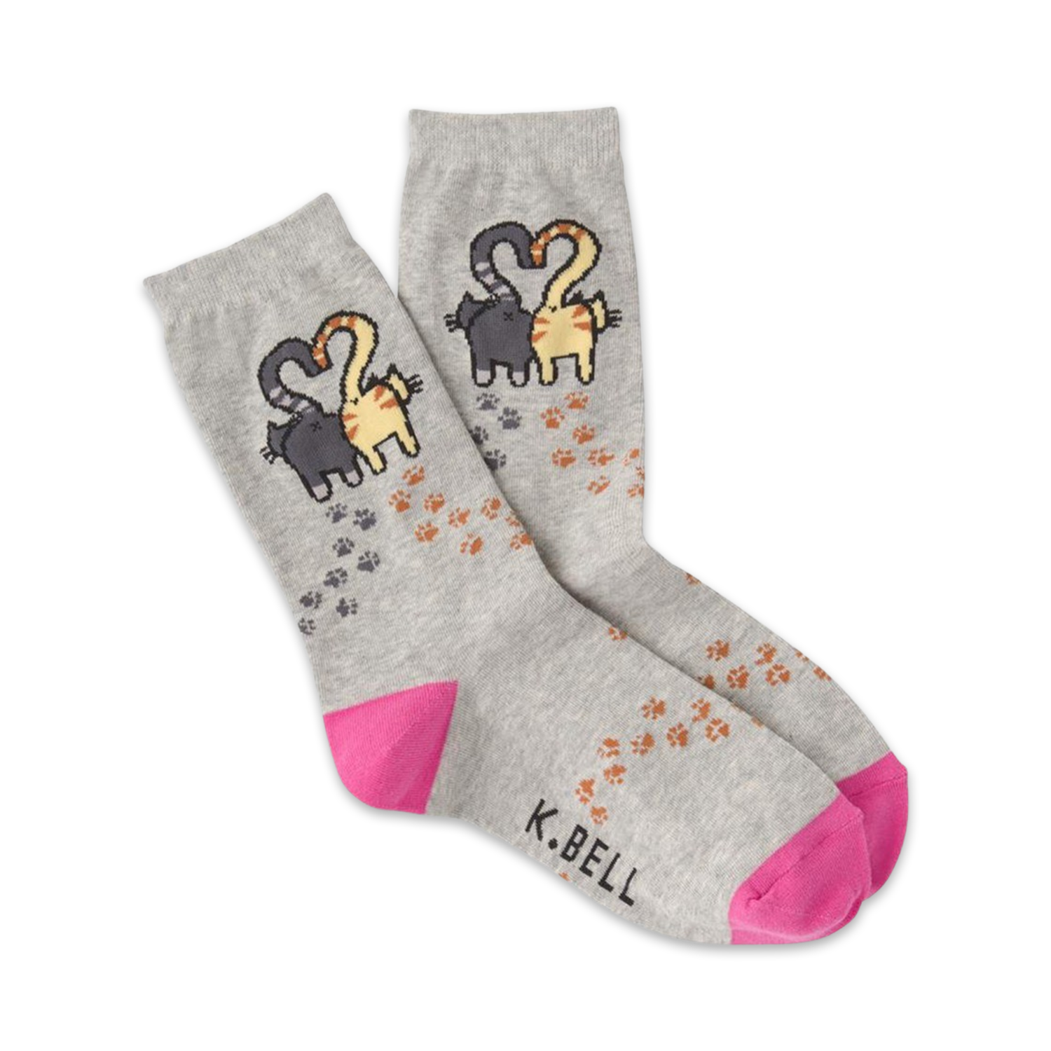 Pair of grey crew socks with pink heels and toes. Design features two cats forming a heart shape and scattered paw prints.