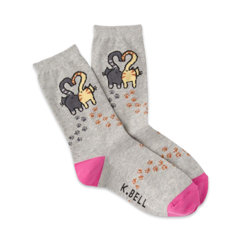 gray socks with black and orange cat butts, paw prints, and pink toes and heels for women.  