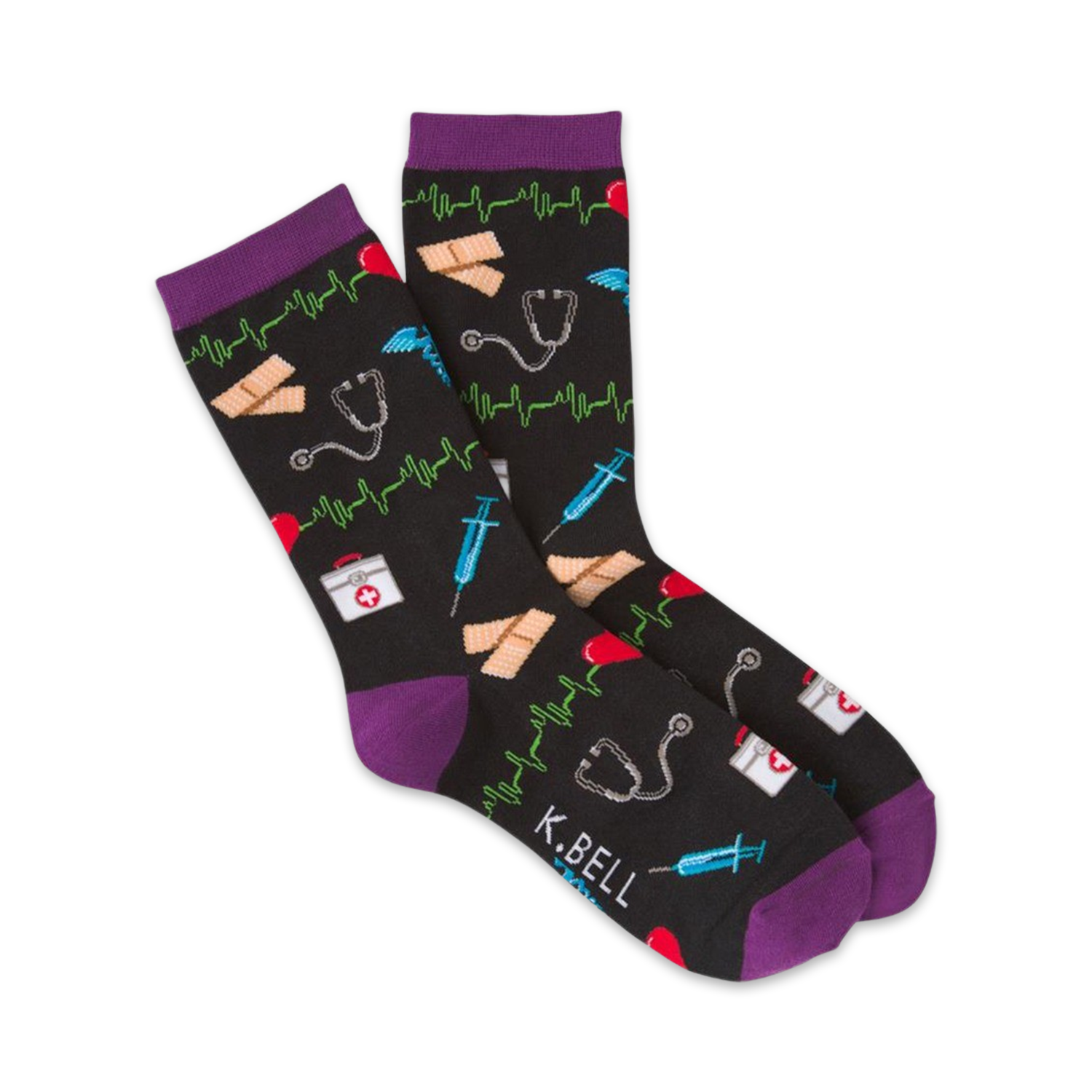 Lifestyle shot of black medical socks with purple cuffs, showing the socks on a person's feet from the ankles down.