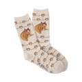 Beige crew socks with brown horse illustrations and a repeating pattern of gold rope knots.
