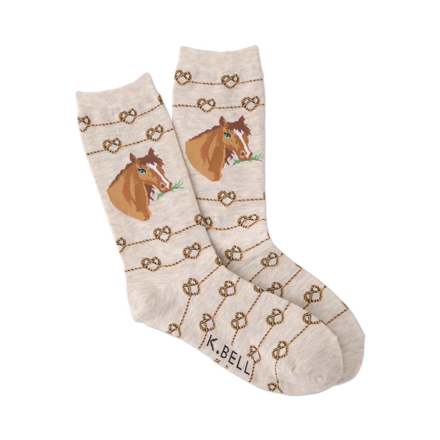 Beige crew socks with brown horse illustrations and a repeating pattern of gold rope knots.