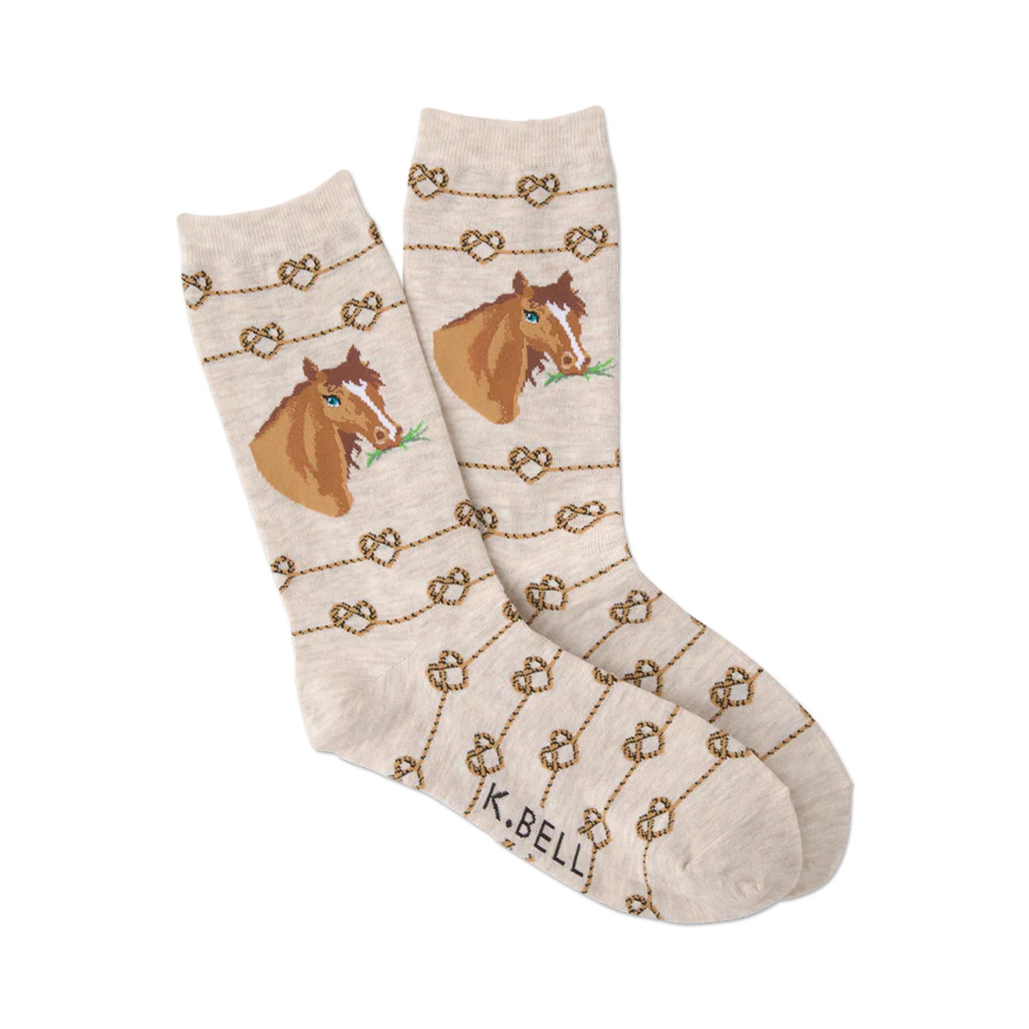 Beige crew socks with brown horse illustrations and a repeating pattern of gold rope knots.