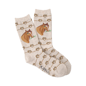 light tan women's crew socks with brown horseshoes and dark brown horses.   