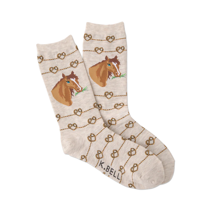 light tan women's crew socks with brown horseshoes and dark brown horses.    }}
