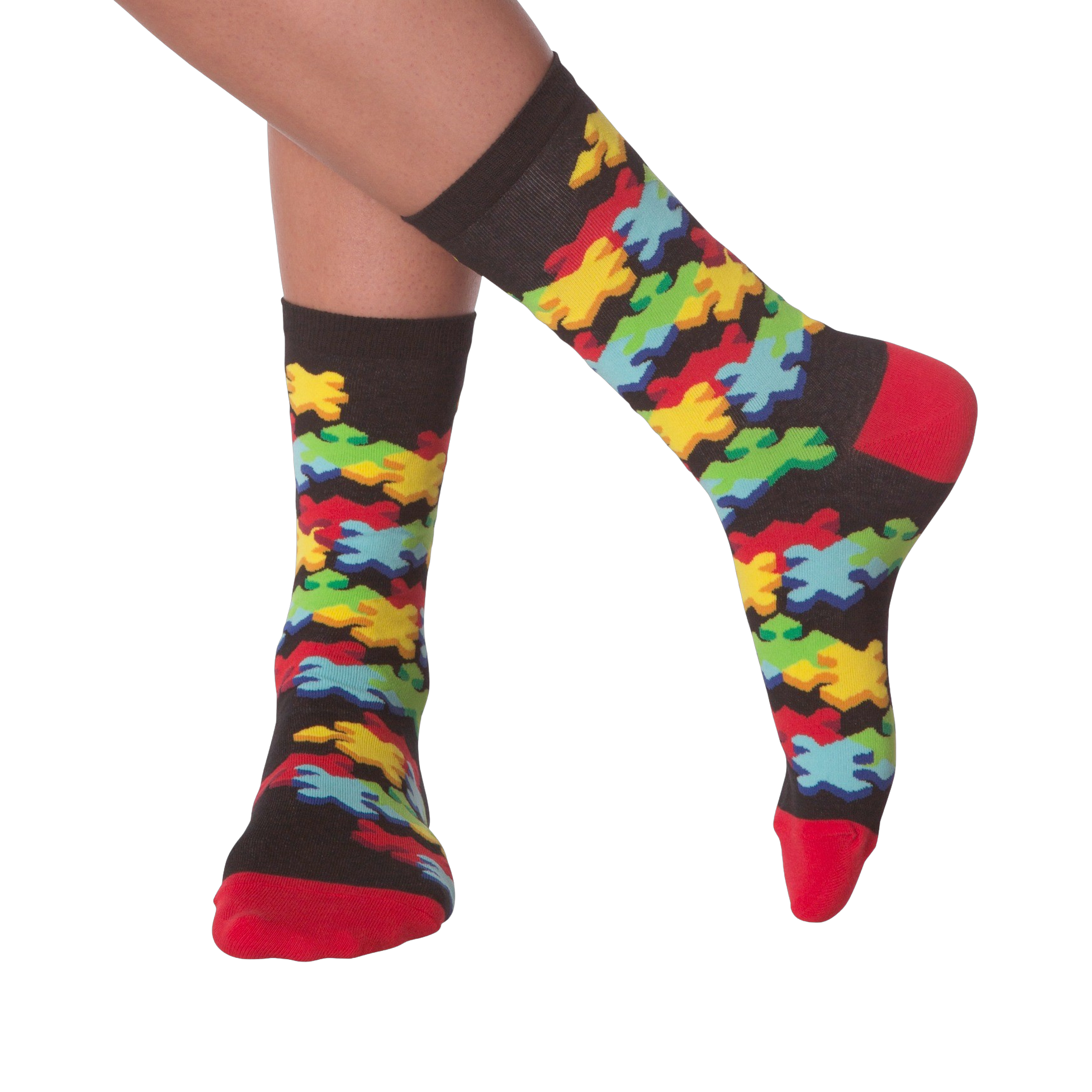 Lifestyle shot of person's legs wearing the 3D Jigsaw socks. The socks are black with colorful puzzle pieces.