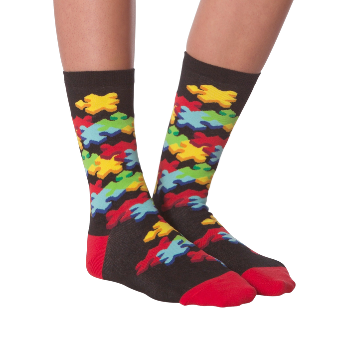 Close-up view of the 3D Jigsaw socks from the front, showcasing the colorful puzzle piece pattern.