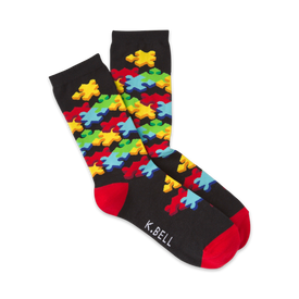  black crew socks with a colorful 3d jigsaw puzzle pattern. perfect for women who love gaming.  