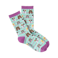 Crew socks in mint green with purple cuffs.  The design features an all-over pattern of illustrated cats of various colors, peeking over pink stripes.