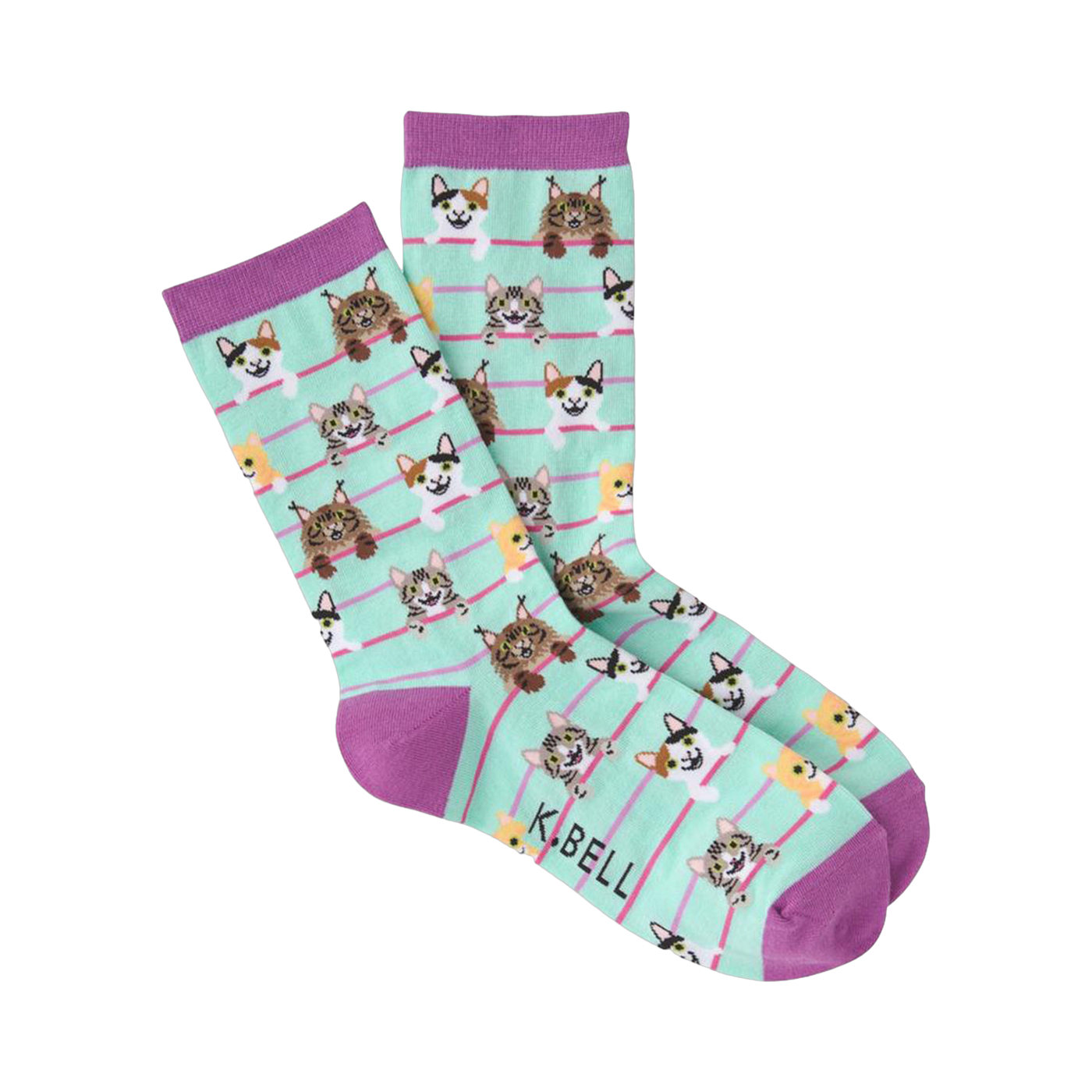 Crew socks in mint green with purple cuffs.  The design features an all-over pattern of illustrated cats of various colors, peeking over pink stripes.