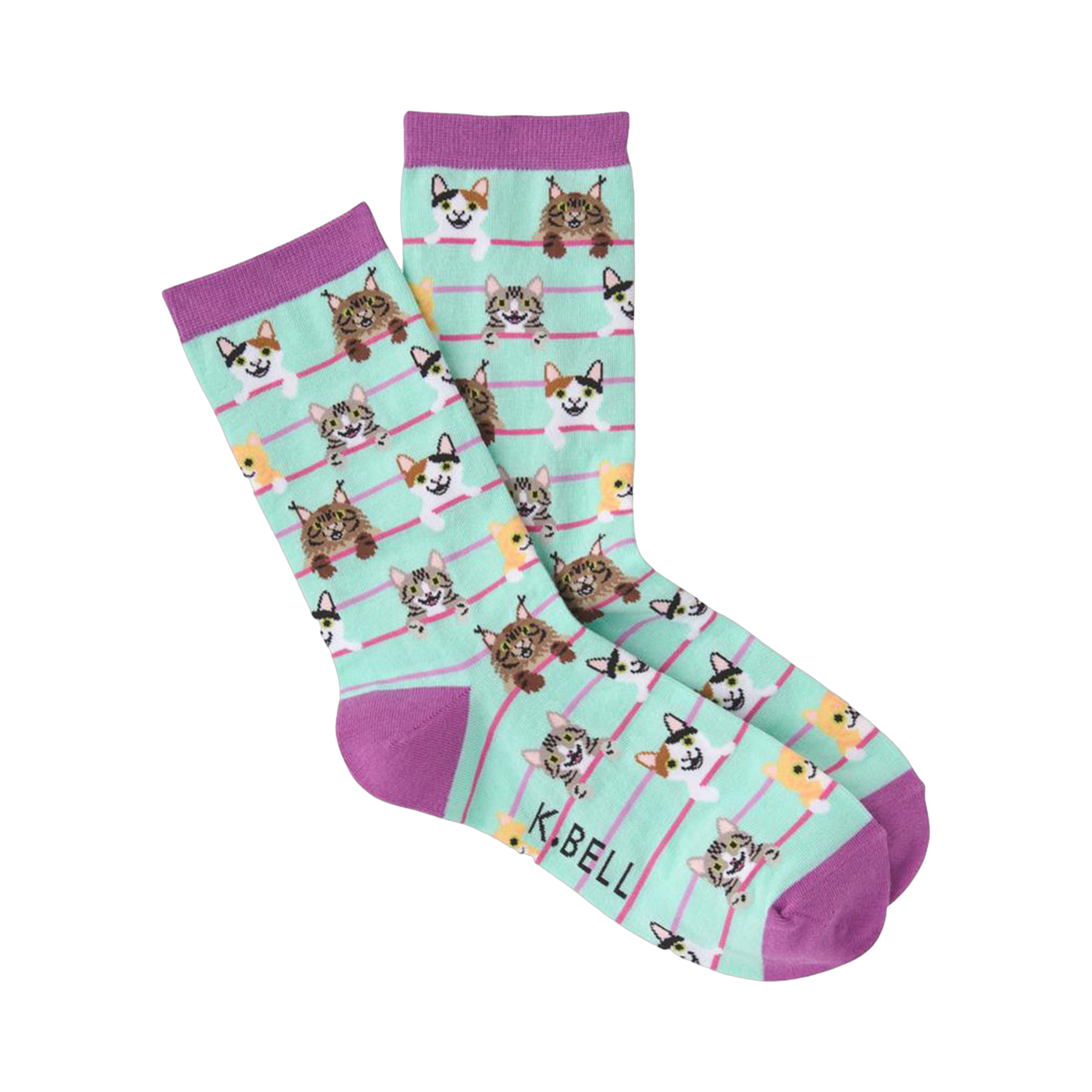 Crew socks in mint green with purple cuffs.  The design features an all-over pattern of illustrated cats of various colors, peeking over pink stripes.