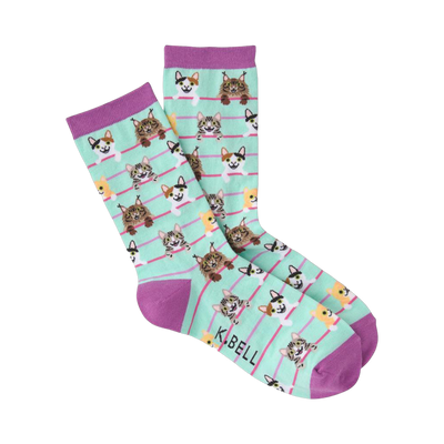 Crew socks in mint green with purple cuffs.  The design features an all-over pattern of illustrated cats of various colors, peeking over pink stripes.