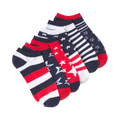 Six low-cut ankle socks in a pile.  Red, white, and navy blue stripes and star patterns are visible.