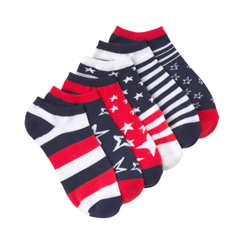 Six low-cut ankle socks in a pile.  Red, white, and navy blue stripes and star patterns are visible.