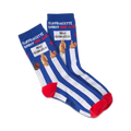 Pair of blue and white striped crew socks.  Features a design of diverse hands holding a sign that says 'Suffragette Spirit 1918-2018, New Generation'.