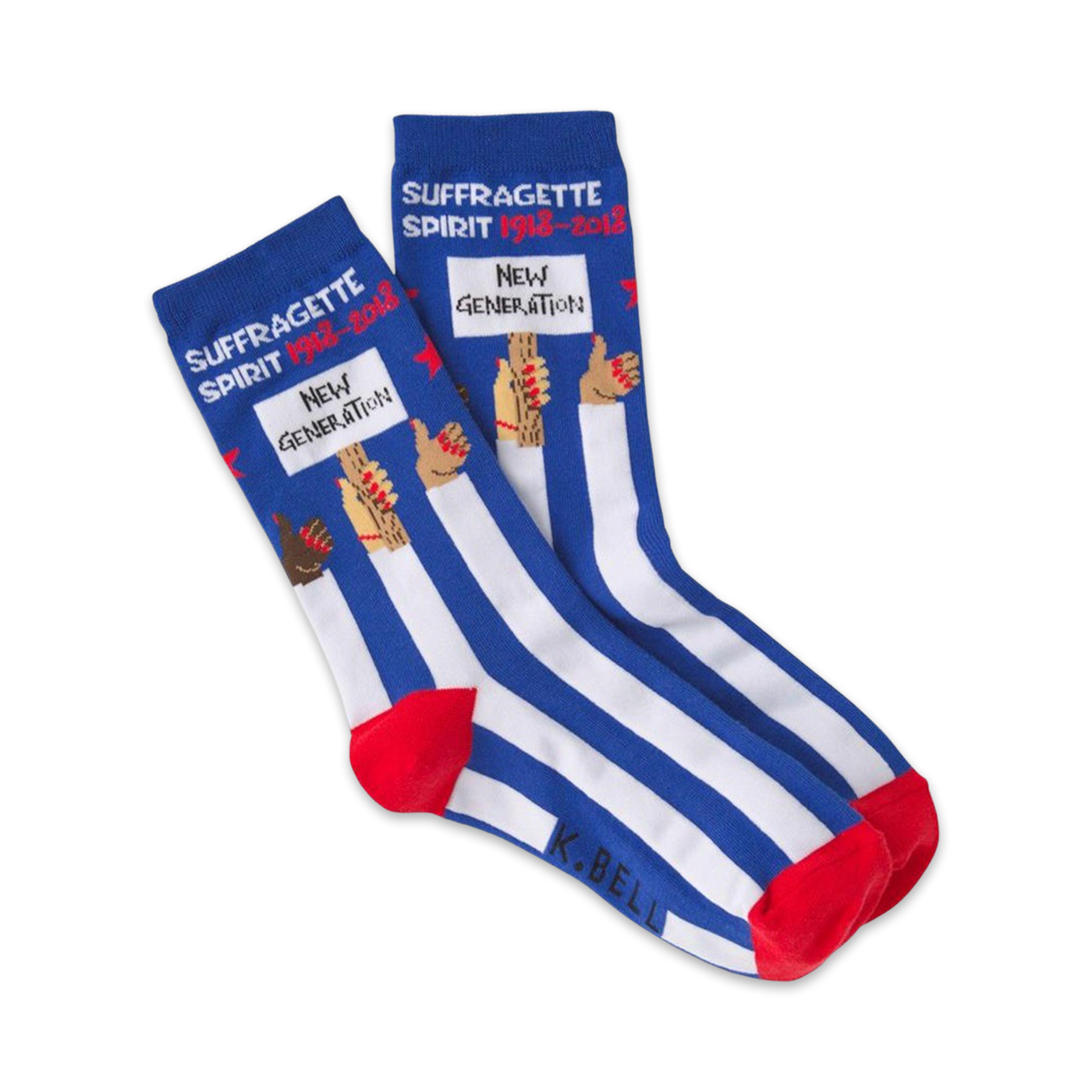 Pair of blue and white striped crew socks.  Features a design of diverse hands holding a sign that says 'Suffragette Spirit 1918-2018, New Generation'.