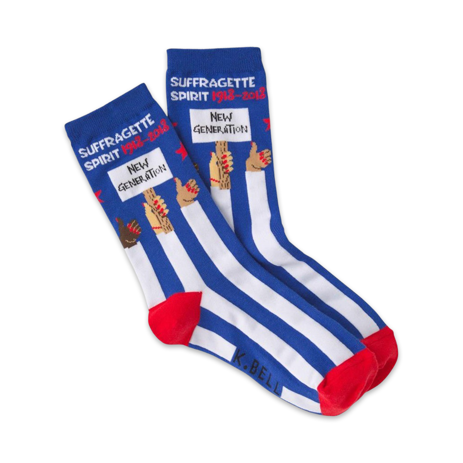 Pair of blue and white striped crew socks.  Features a design of diverse hands holding a sign that says 'Suffragette Spirit 1918-2018, New Generation'.