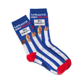 blue and white striped women's socks featuring suffragette text and fist bump graphic.   