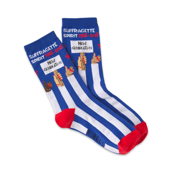 blue and white striped women's socks featuring suffragette text and fist bump graphic.   