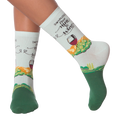 Lifestyle shot showing 'Nine to Wine' socks on a person's legs.