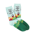 Crew socks in light blue and green. Design features wine, cheese, grapes, and the text 'Working from Nine to Wine'.