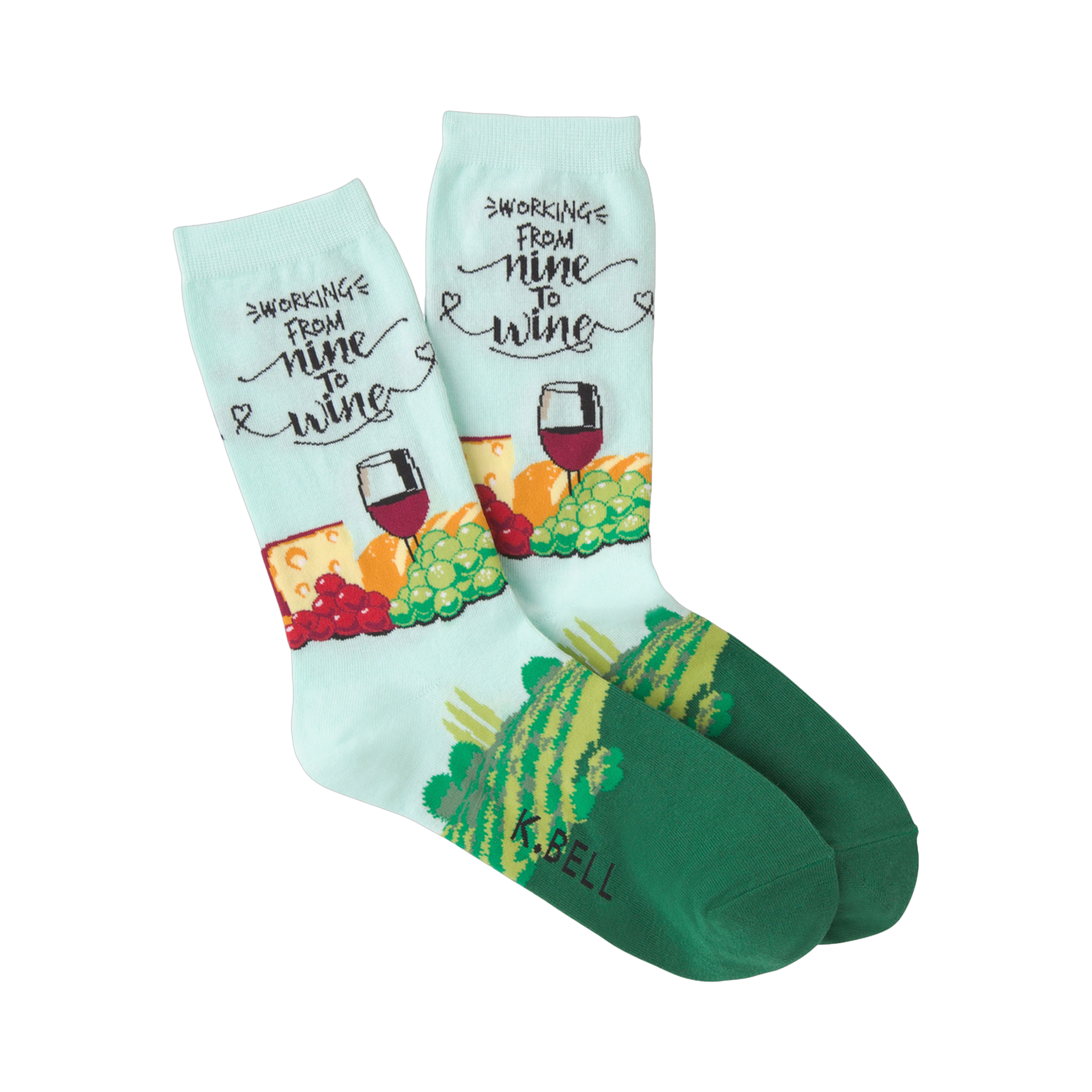 Crew socks in light blue and green. Design features wine, cheese, grapes, and the text 'Working from Nine to Wine'.