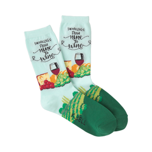 Crew socks in light blue and green. Design features wine, cheese, grapes, and the text 'Working from Nine to Wine'.
