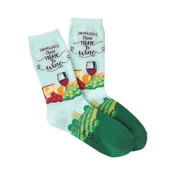 Crew socks in light blue and green. Design features wine, cheese, grapes, and the text 'Working from Nine to Wine'.