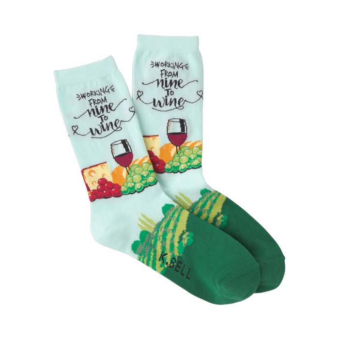 Crew socks in light blue and green. Design features wine, cheese, grapes, and the text 'Working from Nine to Wine'.
