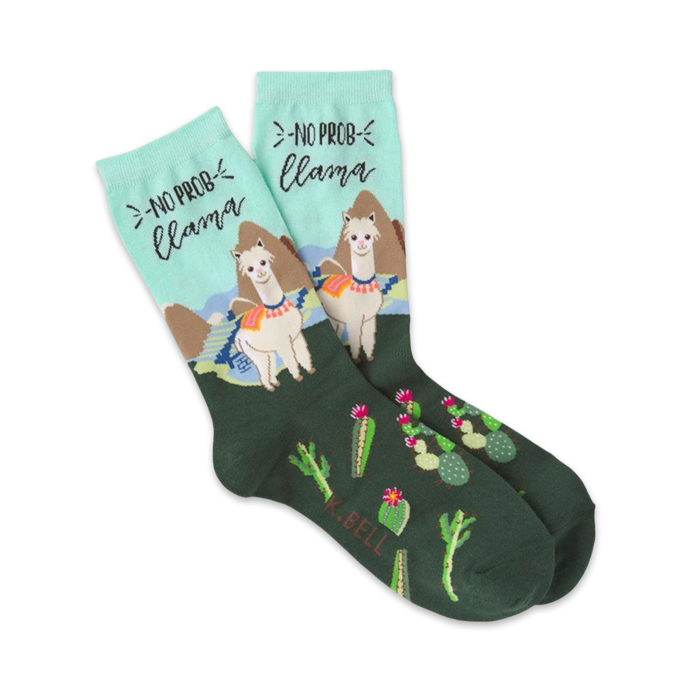 Crew socks in green featuring two llamas with the phrase 'No ProbLlama', plus cacti and desert landscape on a teal background.