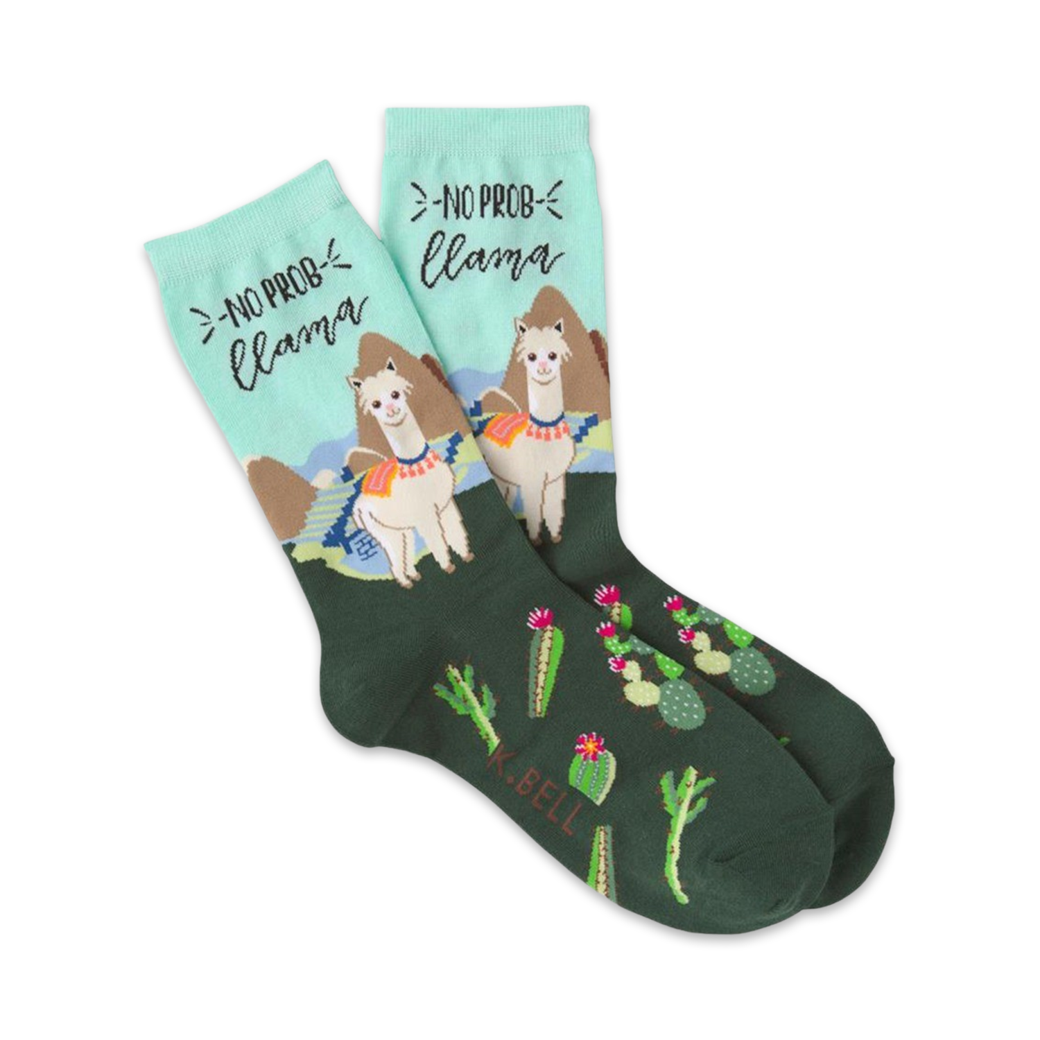 Crew socks in green featuring two llamas with the phrase 'No ProbLlama', plus cacti and desert landscape on a teal background.