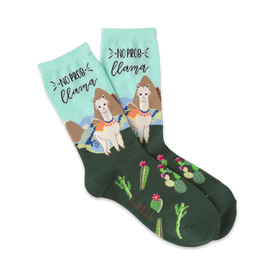 dark green socks with light green toe and heel featuring llama wearing blanket with "no probllama" text and cacti. crew length, made for women.  