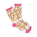 A pair of white crew socks with a playful pattern of yellow pencils scattered across them.  The socks have hot pink cuffs.