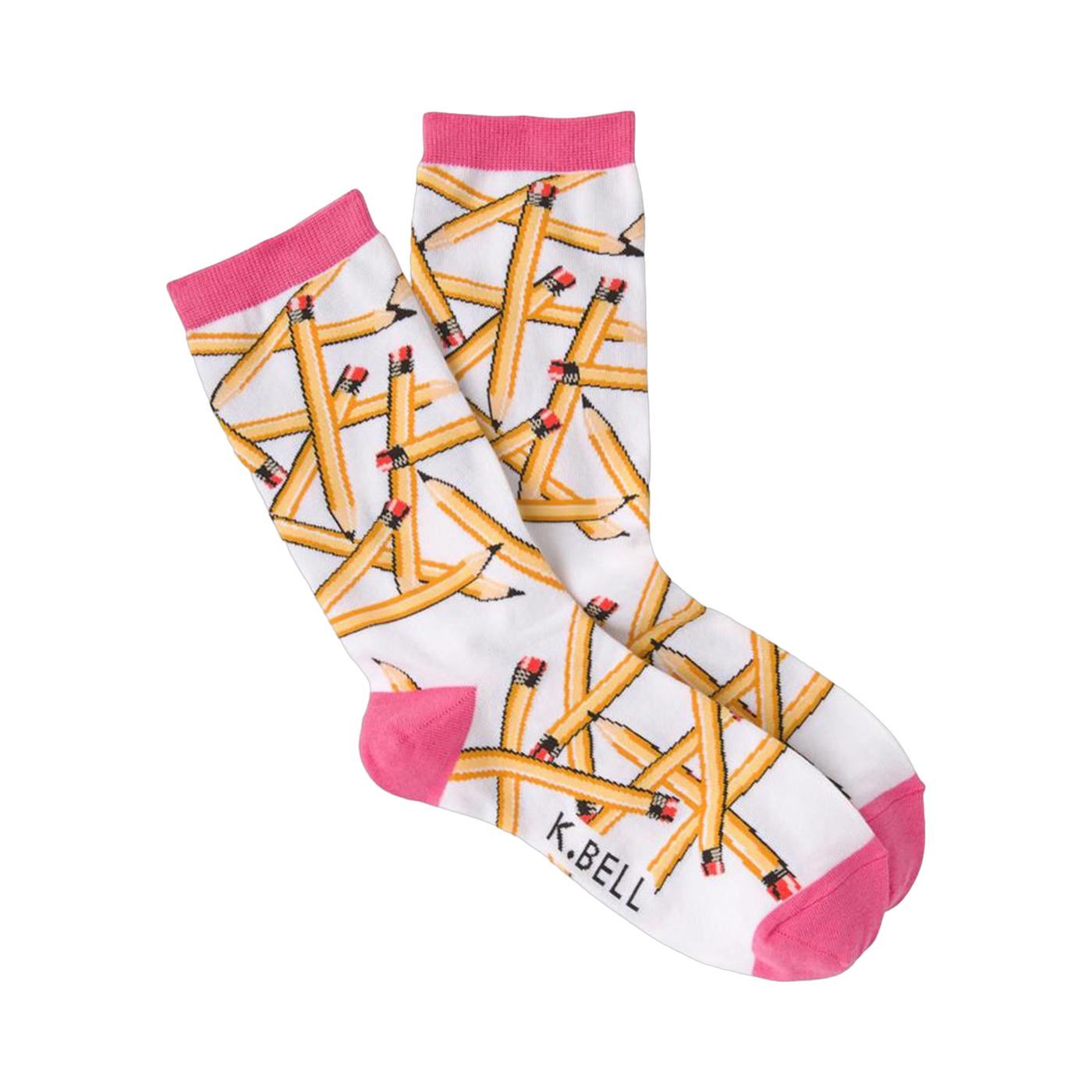 A pair of white crew socks with a playful pattern of yellow pencils scattered across them.  The socks have hot pink cuffs.