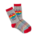 A pair of gray crew socks with a rainbow heart and 'Love is Love' text. Red cuffs and rainbow stripes add a pop of color.