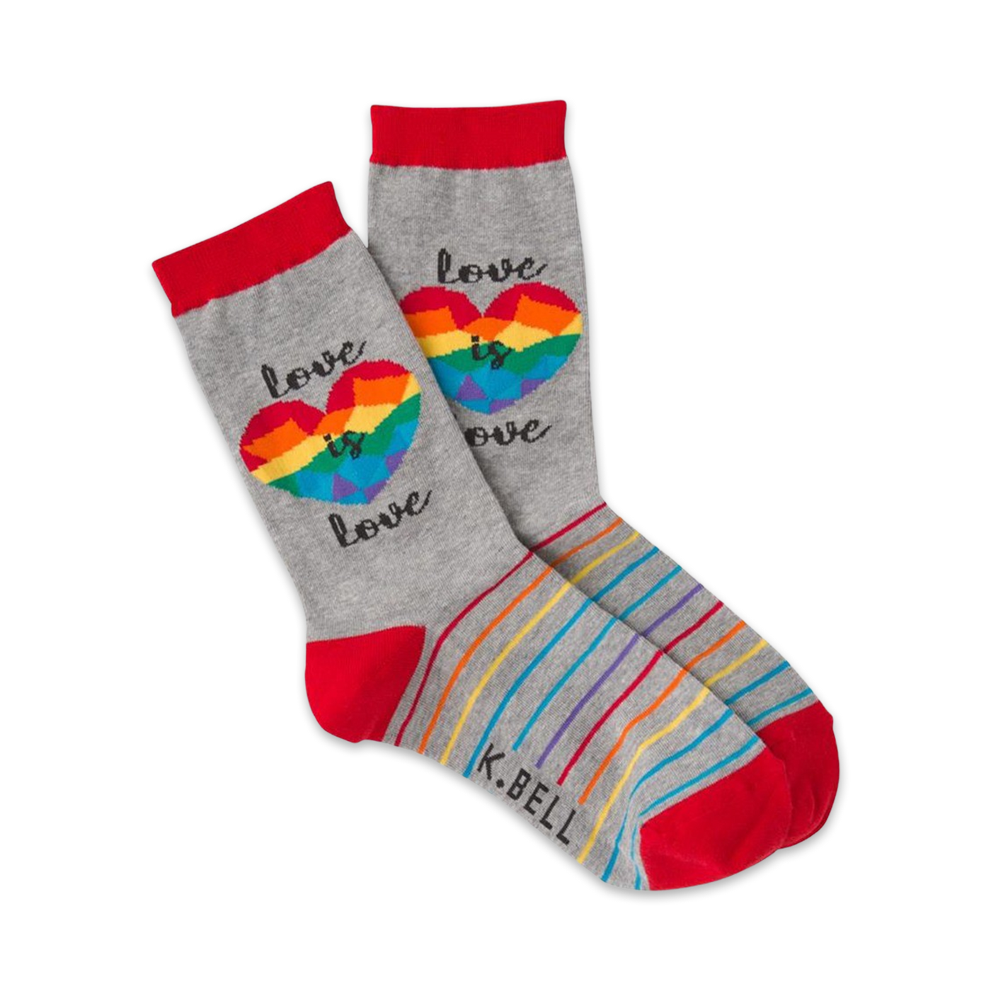 A pair of gray crew socks with a rainbow heart and 'Love is Love' text. Red cuffs and rainbow stripes add a pop of color.