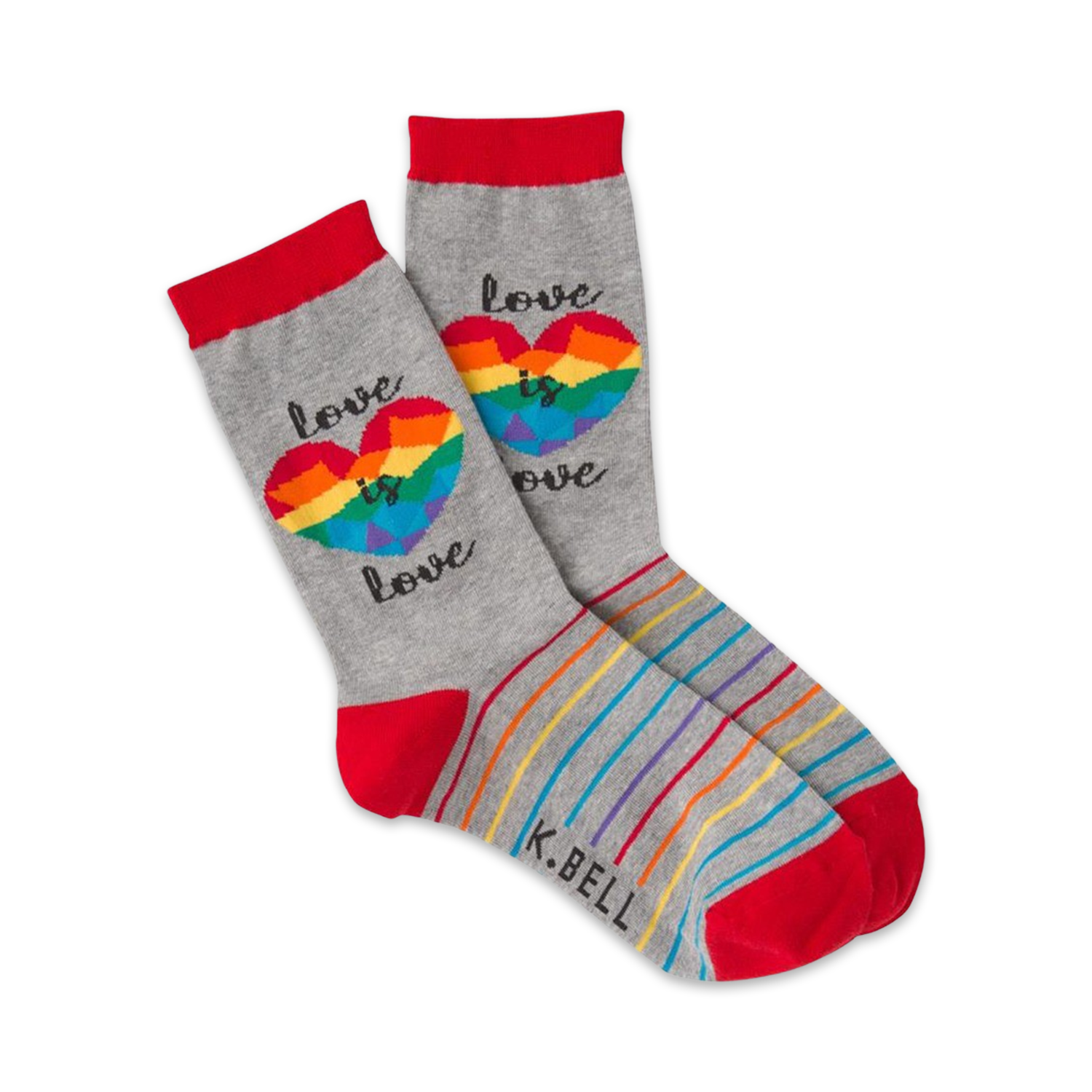 A pair of gray crew socks with a rainbow heart and 'Love is Love' text. Red cuffs and rainbow stripes add a pop of color.
