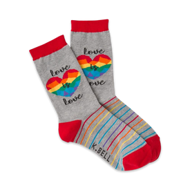 gay lesbian pride rainbow heart, love is love gray red black word crew socks.  