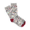 A pair of grey crew socks with a repeating pattern of coffee cups, wine glasses, and 'AM' and 'PM' text. Red accents on the cuffs.