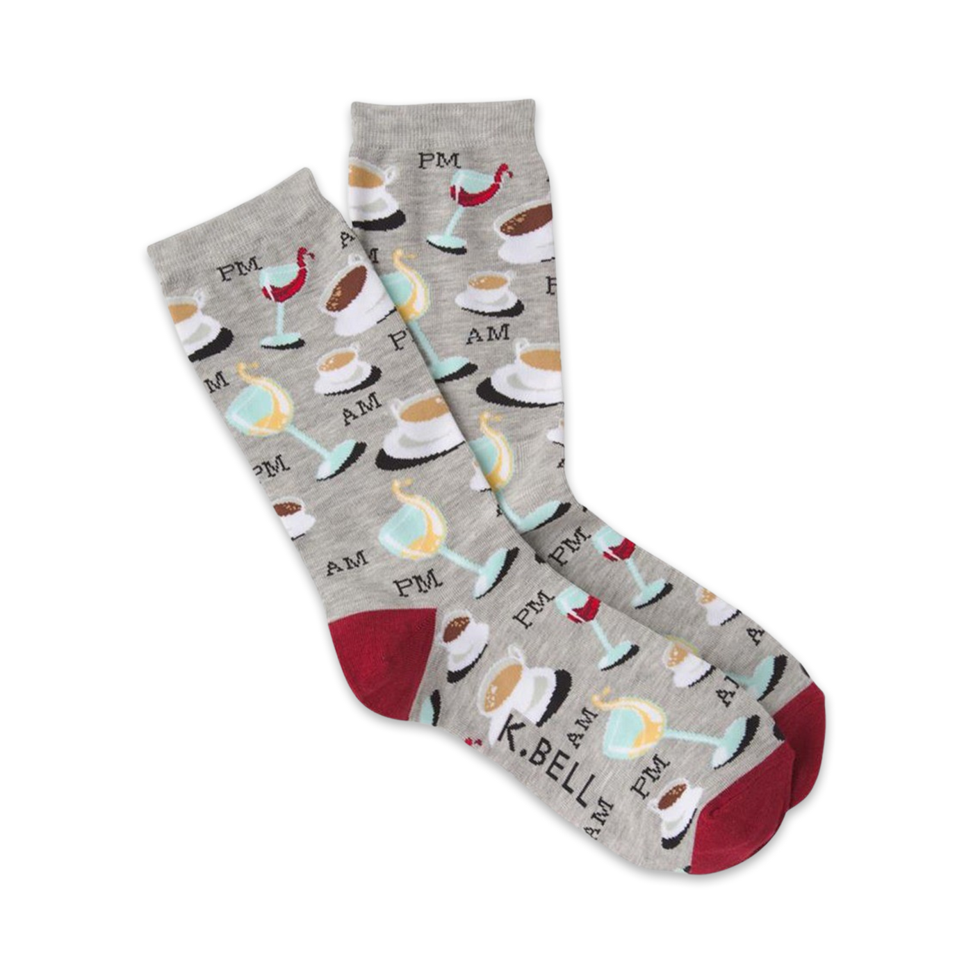 A pair of grey crew socks with a repeating pattern of coffee cups, wine glasses, and 'AM' and 'PM' text. Red accents on the cuffs.