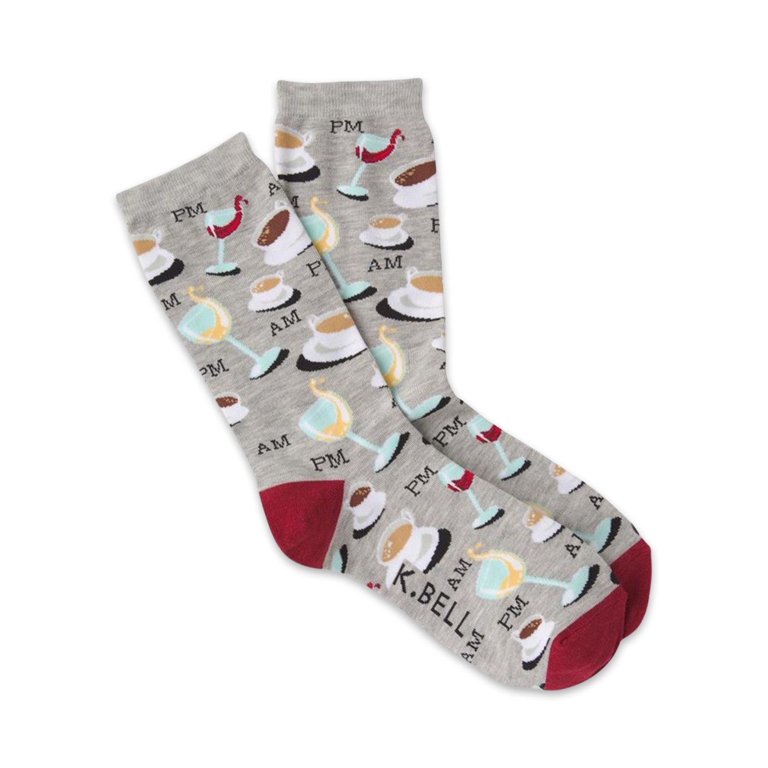 A pair of grey crew socks with a repeating pattern of coffee cups, wine glasses, and 'AM' and 'PM' text. Red accents on the cuffs.