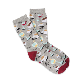 gray crew socks with pattern of coffee cups and wine glasses, red toes and heels, made for women.   