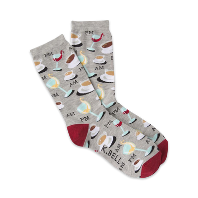 gray crew socks with pattern of coffee cups and wine glasses, red toes and heels, made for women.   