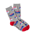 Crew socks in gray with a pattern of small red, white, and blue 'I Voted' stickers. The heel and toe are red.